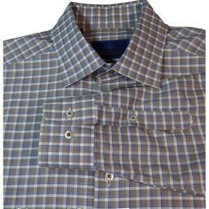 David Donahue Shirt Men 16.5x34/35 Plaid 100% Cotton Trim Fit Button Up Dress
